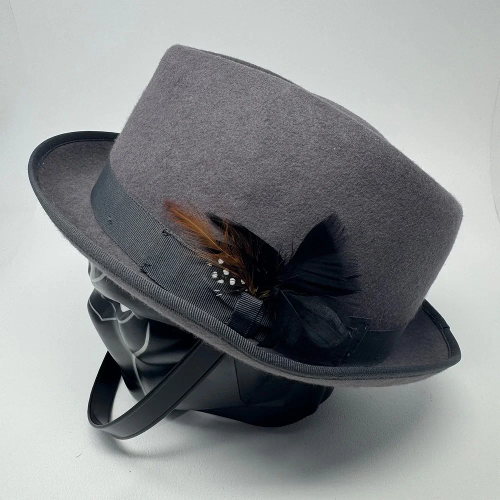 Milani Mens XL Grey 100% Wool Fedora Hat with Feather Detail and Grosgrain Band